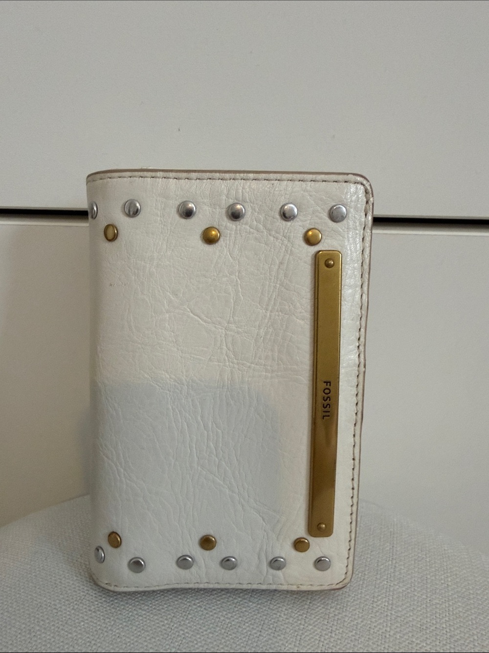 Fossil White Leather Studded Long Wallet with Gold Plate